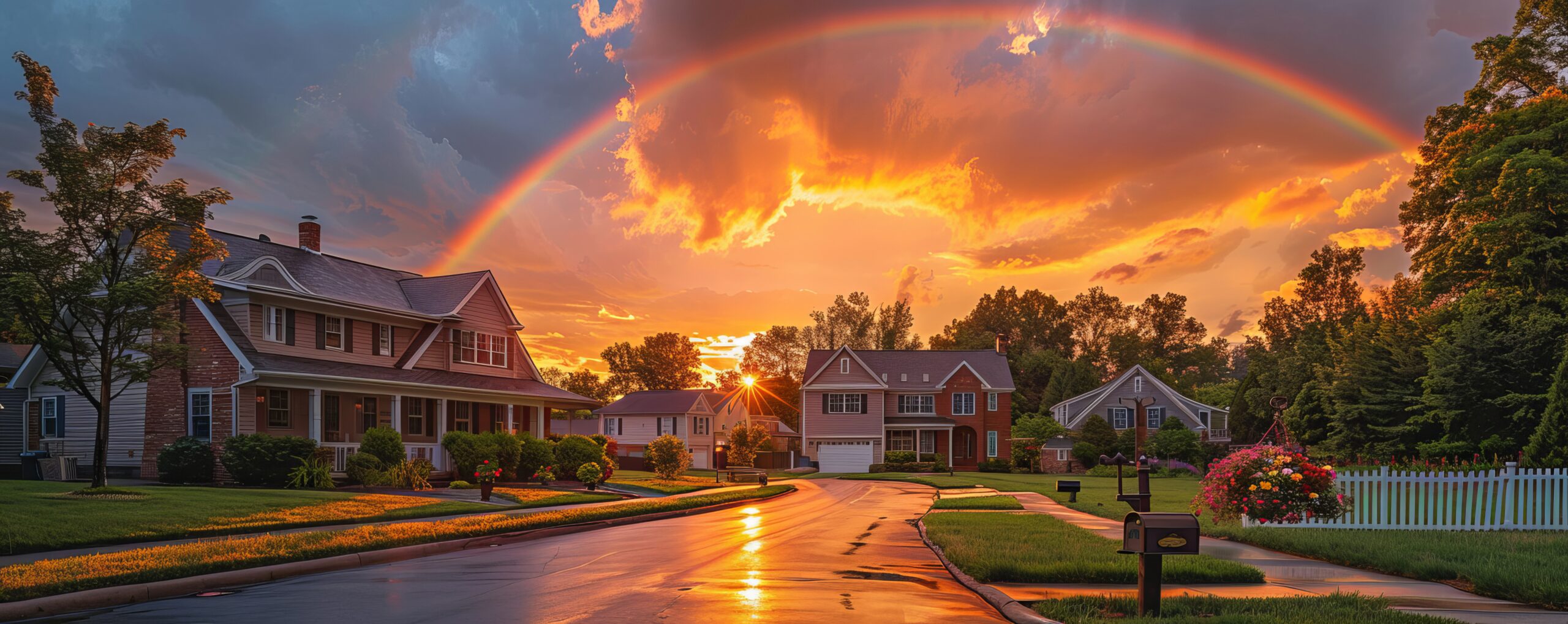 Realistic. Analgoic. A suburban street at sunset, with a rainbow stretching across the sky at the end of the road. In the foreground, a cozy house with a white picket fence and a mailbox adorned with flowers stands out against the vibrant sky. --ar 5:2 --stylize 400 Job ID: 06aa8115-e34b-45a3-8d68-d6ae84dab9fc
